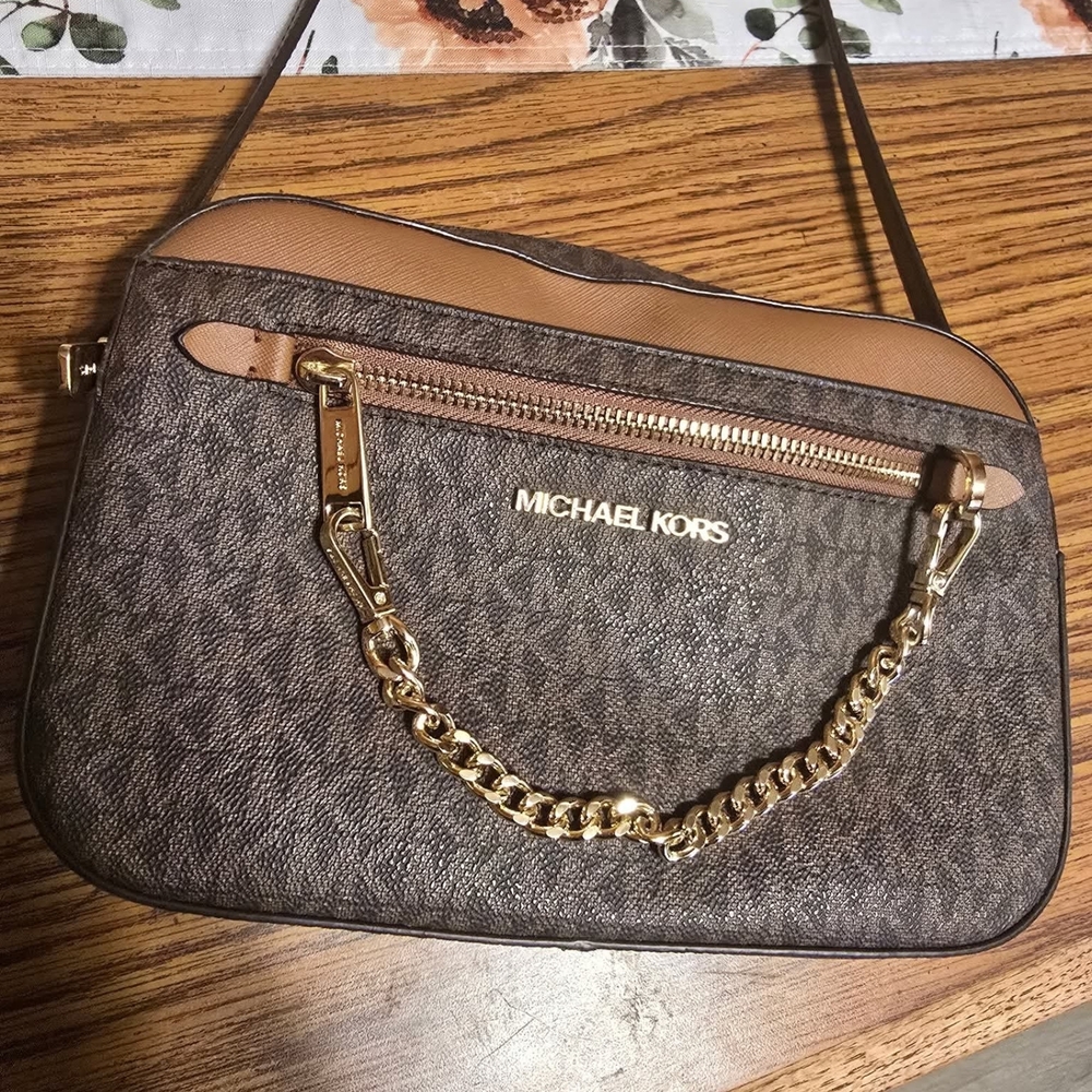 Michael Kors Brown and Gold Crossbody Bag with Signature MK Monogram